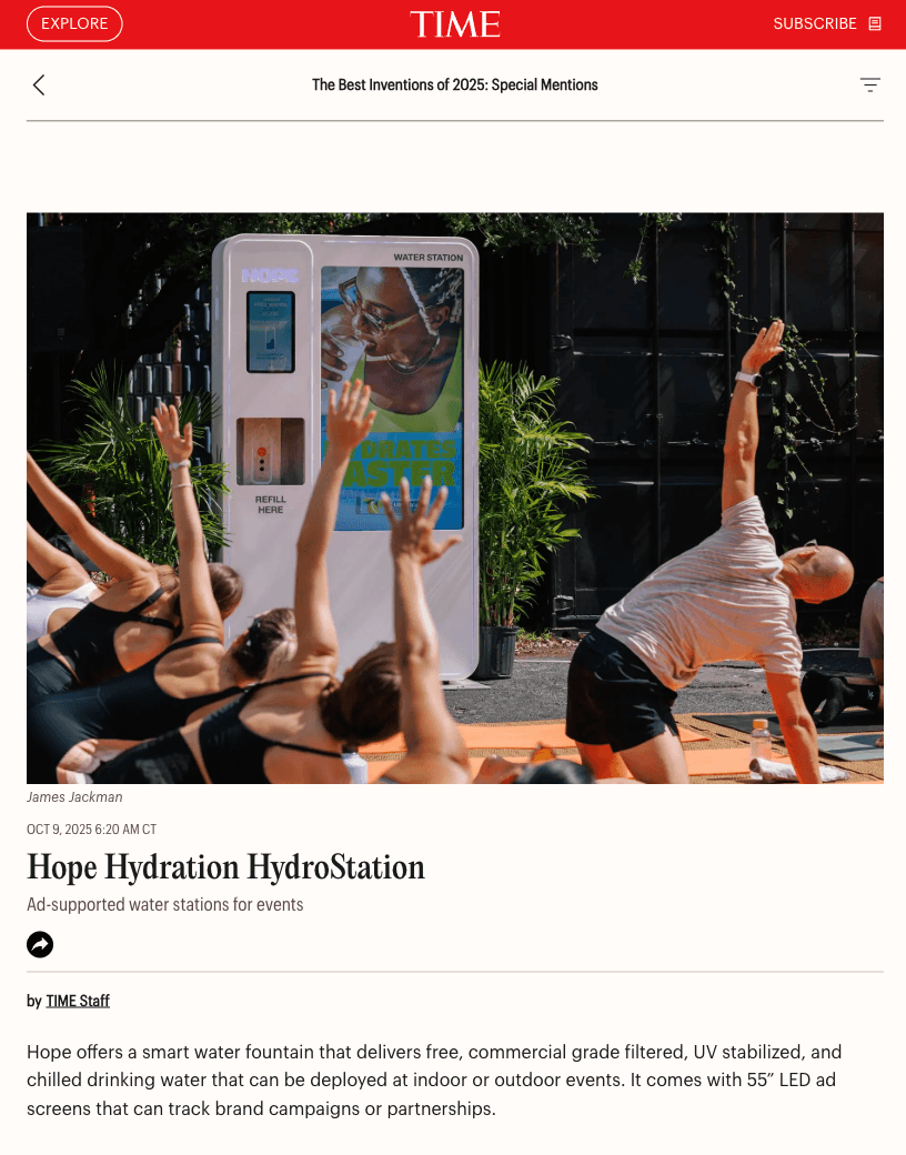 HOPE Hydration Named to TIME’s Best Inventions of 2025: Special Mentions